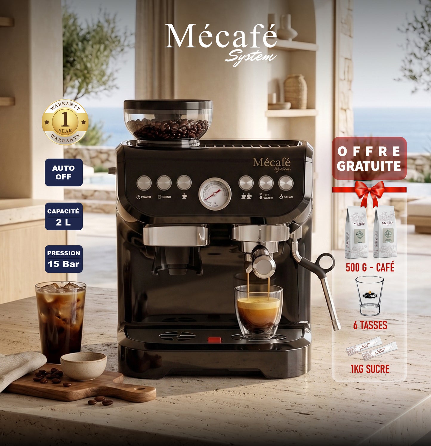 Machine à Café Semi-Automatique avec Broyeur Intégré
